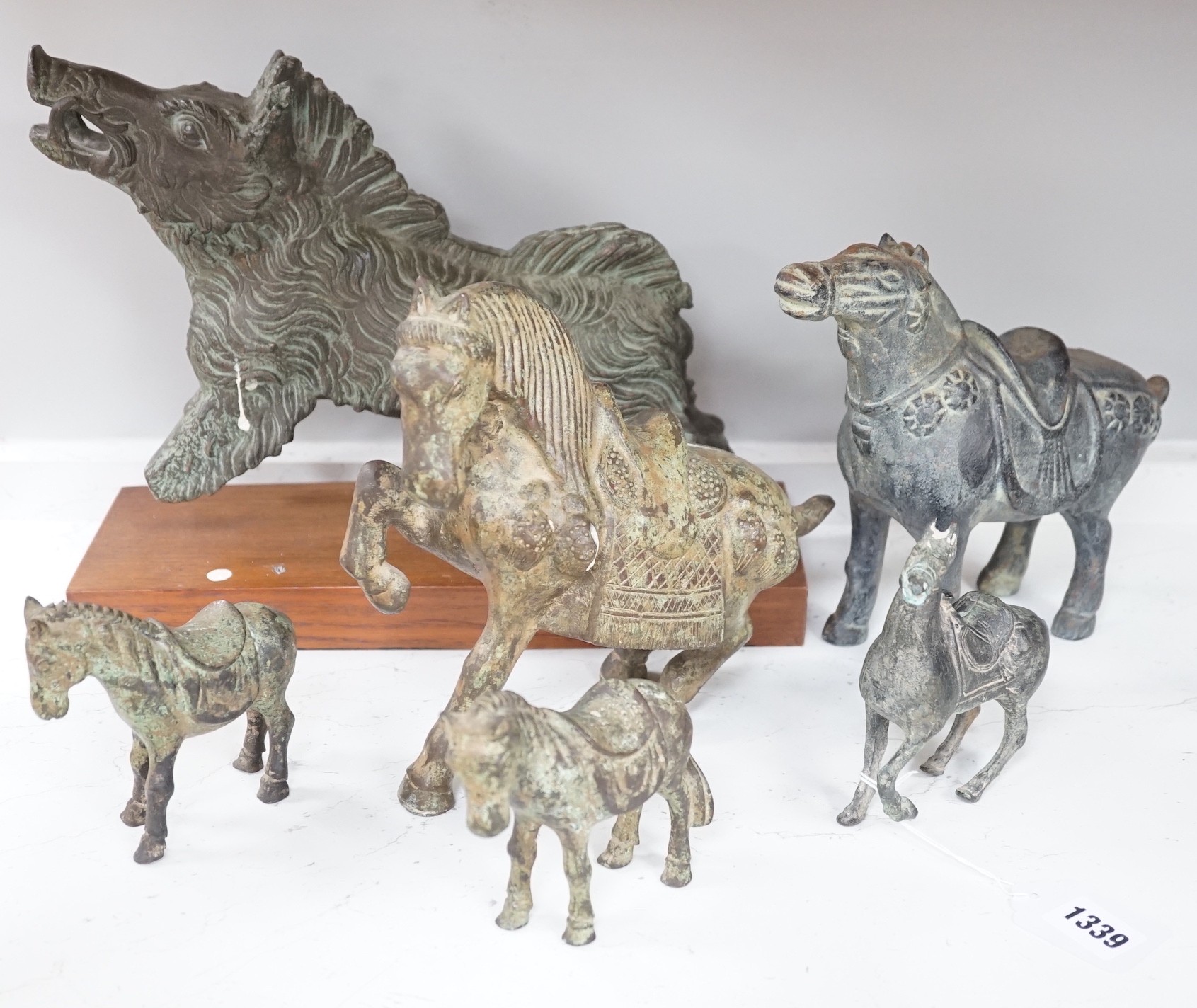 A group of reproduction bronze figures after early Chinese and other examples from antiquity, tallest 21cm